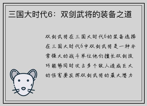 三国大时代6：双剑武将的装备之道